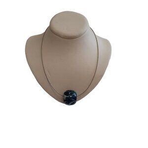 Italian Glass  Large Single Bead Ocean Blue Swirl on Coil Wire Necklace 17"